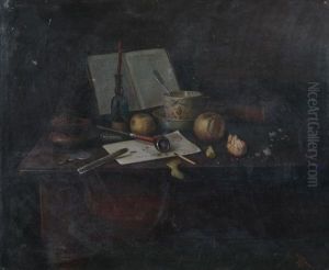 Tabletop Still Life With Pipe, Tobacco, Letter, Candles, Booksand Coins