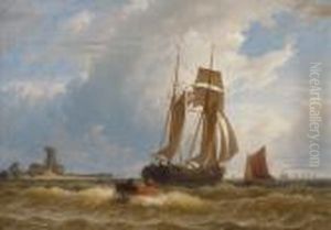 Segelschiffe Und Ruderboot Vor Der Hollandischen Kuste