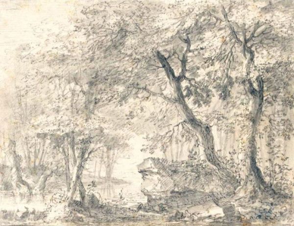 Wooded Landscape With River And Large Rock - view 1