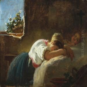 Interior With Sleeping Mother And Child by Ernst Meyer