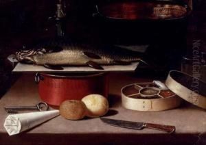 A Fish On A Board, Copper Pots, Lemons, A Key, A Box Of Spices And Other Objects, On A Tabletop by Hans Georg Meyer