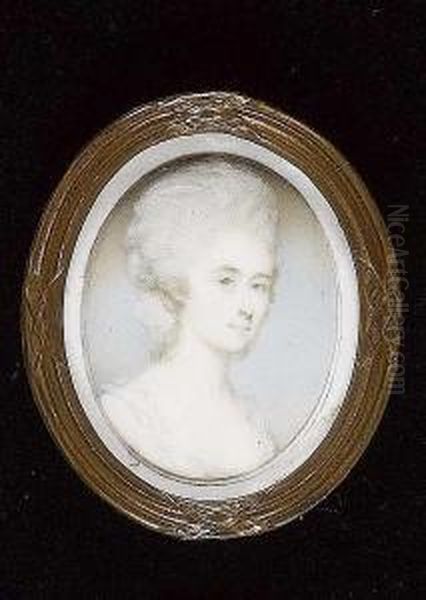 A Lady, Wearing White Dress With Lace Trim, Her Hair Powdered. - view 1