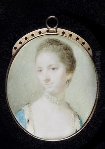 A Lady, Wearing Ermine-trimmed Blue Open Robe, Choker Of Crossed Strands Of Pearls, Drop Pearl Earring And Pearls In Her Upswept Hair by Jeremiah Meyer