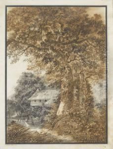 Uferpartie Mit Knorrigem Baum Und Fischerboot. by Johann Heinrich Meyer