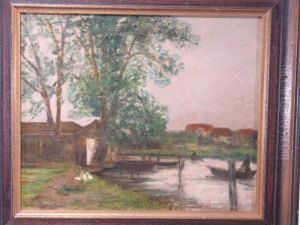 Ol Auf Holz. Idyllische Dorfansicht, An Einem Wasserlauf Gelegen