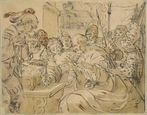 An Old Man Seated Before A Chest Of Gold Surrounded Bysoldiers by Rudolph Theodor Meyer