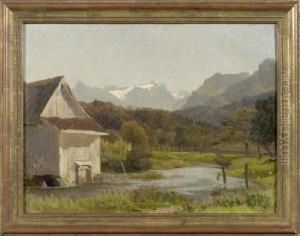 Landscape With A Pond And A Mountain Range by Jost Meyer-Am Rhyn