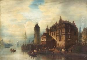 A Town On A River With Figures Gathered On The Bank And Shipping Beyond