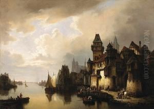 A Town On A Canal With Figures And Boats In The Foreground