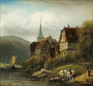 Kleines Stadtchen Am Flus Mit Figurlicher Staffage Kleines Stadtchen Am Flus Mit Figurlicher Staffage