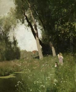 "dorflandschaft" Mit Personenstaffage by Robert Gustave Meyerheim