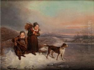 Zwei Madchen Beim Reisigsammeln In Winterlandschaft Mit Einem Hund by Wilhelm Alexander Meyerheim