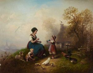 Junge Bauerin Mit Ihren Kindern by Wilhelm Alexander Meyerheim