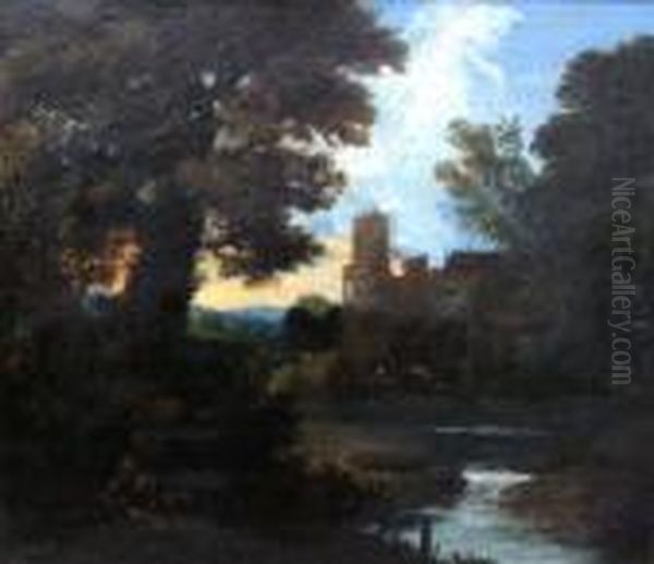 Figure In An Italianate River Landscape With A Castle - view 1
