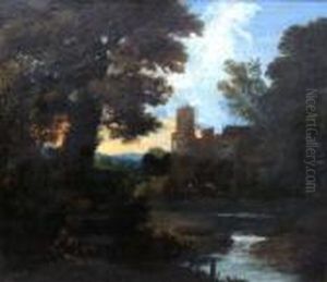Figure In An Italianate River Landscape With A Castle by Aelbert Meyeringh