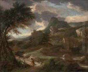 A Mountainous Wooded Landscape With A Shepherd And A Shepherdess On A Track by Aelbert Meyeringh