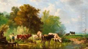 Tableau Vivant - Cows Watering At A Stream, A Pair by Gerrit Jan Michaelis