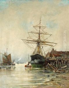 A Sailing Ship Docked At A Pier by P.H.G.V. Michel