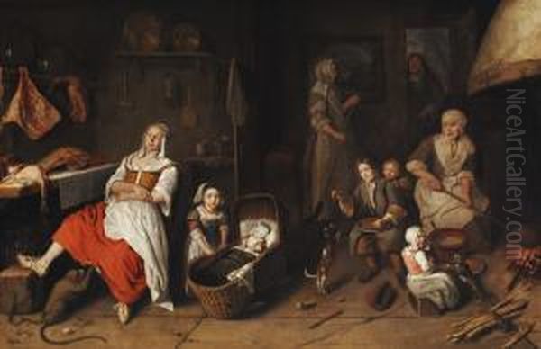 A Family In A Kitchen, With A Maid Asleep By A Table Laden With Meat - view 1