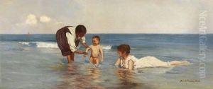 Annunziata Michetti Mit Sohn Giorgio Und Kindermadchen In Francavilla Al Mare by Francesco Paolo Michetti