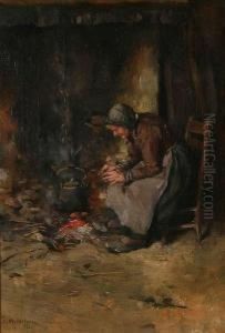 Vrouw Bij Het Haardvuur by Joseph Middeleer