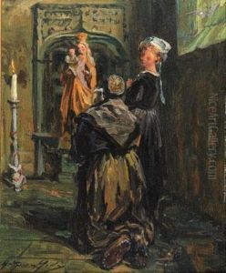 Interieur De L'eglise St Fiacre Au Faouet, 2 Bretonnes En Priere by Arthur Midy