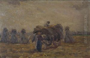 Boeren Op Het Veld Bij Hooiwagen