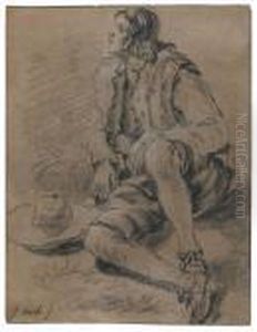 Study Of A Young Man Seated On The Ground, His Hat Beside Him by Jan Miel