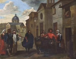 Figures Conversing Before Classical Buildings