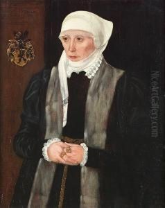 Portrait Of Dorothea Haffnerin, Three-quarter-length, In A Black Fur-trimmed Coat With A White Lace Cap And Ruff, Inscribed With A Coat-of-arms (upper Left), And Further by Hans Mielich
