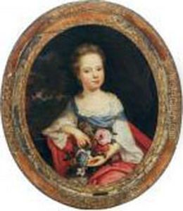 Portrait Of A Young Girl Holding Flowers In A Landscape by Pierre Ii Mignard