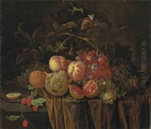 An Open Pomegranate, Peaches, Grapes, Berries, A Pear Andclementines, With Insects On A Partly Draped Stone Ledge