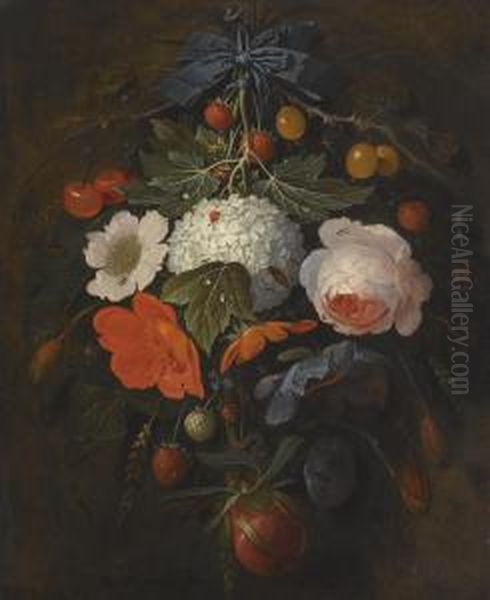 A Festoon Of Flowers And Fruit, Including A Pink Rose, A Poppy, A Snowball, Gooseberries And Fraises De Bois, Along With A Variety Of Insects - view 1