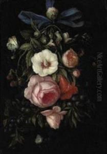 A Garland Of Roses, Blueberries, Strawberries And Other Blooms Withcaterpillars, Butterflies And A Ladybug by Abraham Mignon