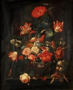Roses, Tulips, Carnationsand Other Flowers In A Glass Vase by Abraham Mignon