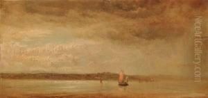 A Steamer At Dusk And Sail Boats On Still Waters by Louis Remy Mignot