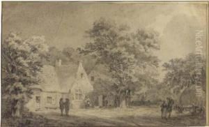 A Farmstead Among Trees, Figures On A Road To The Left