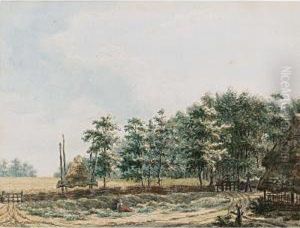 Landscape With Peasants Near A Farm, A Cornfield And Woods Behind by Frans Andreas Milatz