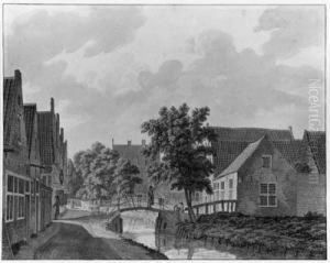 A View Of The Voldersgracht In Haarlem, With A Man Crossing Abridge