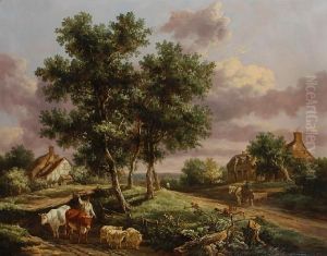 A Landscape With A Drover On A Path With Sheepand Cattle, Cottages And Travellers Beyond by Henry Milbourne