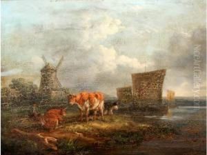 Paysage Hollandais, Vaches Et Moulin Pres Du Lac by Henry Milbourne