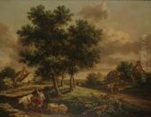 A Country Landscape With Cattle, Sheep And A Herdsman