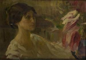 Giovane Donna In Interno Con Vaso Di Fiori by Alessandro Milesi