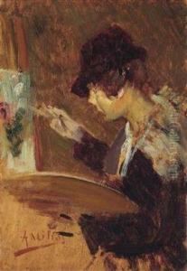 Young Painter At Her Easel by Alessandro Milesi