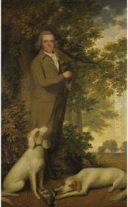 Portrait Of A Gentleman, Full-length, In A Green Coat, Holding Agun, Two Dogs And A Partridge At His Feet, In A Woodedlandscape