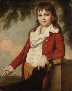Portrait Of A Young Man, Three-quarter Length With His Dog, Leaningagainst A Stone Plinth Beneath A Tree by James Millar
