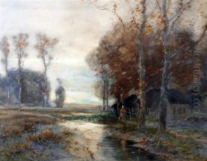 Autumnal River Scene With Figure And Cottage by Charles Henry Miller