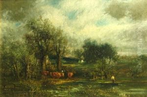 Cattle Watering In A Stream by Charles Henry Miller