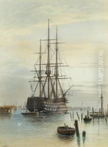 H.m.s. 'victory' Moored In Portsmouth Harbour by Frederick Miller