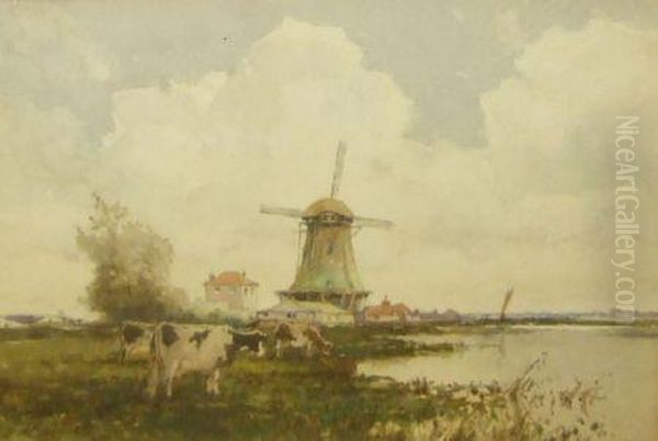 Dutch Canal Scene With Cattle Grazing In Foreground - view 1